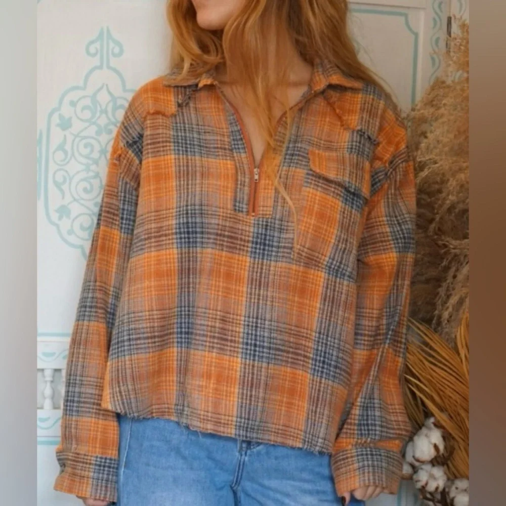Plaid Orange and Blue Women's Shirt - Picture 1 of 8